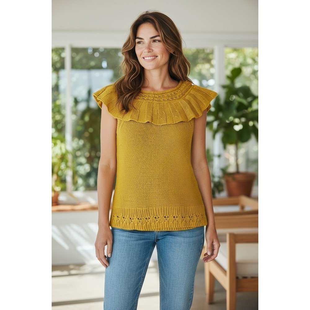 Anthropologie Ruffled Sleeveless Knit Top Chartreuse Green Size L‎